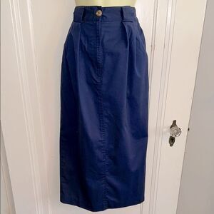 Vintage 80s Chaus Navy Blue Pleat Front Straight Midi Polyester/Cotton Skirt